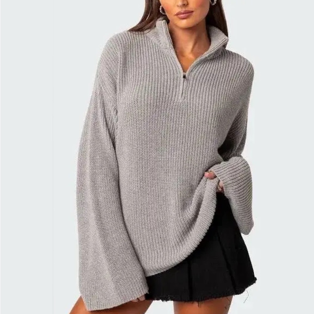 EDIKTED Amour High Neck Oversized Zip sweater in grey, size S. NEW WITHOUT TAGS